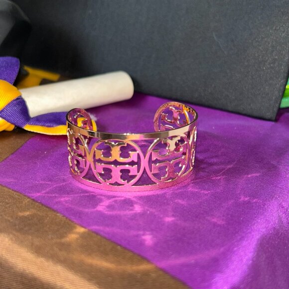Tory Burch Rose Gold T Logo Wide Open Cuff Bracelet - Picture 8 of 8